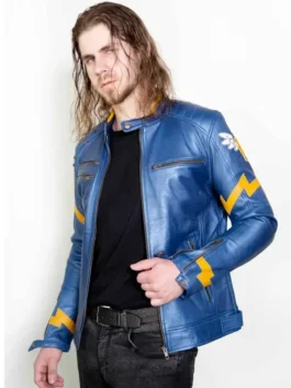 Mens Wonderbolts Rainbow Dash Blue Leather Jacket worn by a model to show the stylish fit and bold colors.