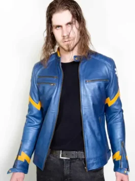 Mens Wonderbolts Rainbow Dash Blue Leather Jacket with a front zipper and creative designs on the sleeves.