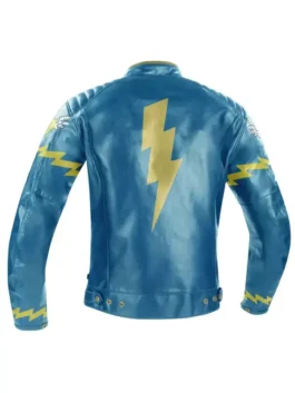 Mens Wonderbolts Rainbow Dash Blue Leather Jacket shown from the back with a large yellow lightning bolt graphic.