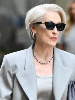 Meryl Streep The Devil Wears Prada 2 Grey Blazer worn as part of a high fashion outfit to showcase the perfect drape and sleek collar.