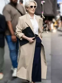 Meryl Streep The Devil Wears Prada 2 Trench Coat in a classic beige tone with a long tailored fit for a polished look.