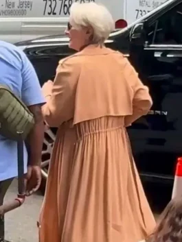 Miranda Priestly The Devil Wears Prada 2 Coat shown from the back to display the elegant drape and seamless tailoring.