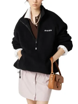 Miu Miu Fleece Jacket front view showcasing the sturdy zipper and professional grade fleece material integrity.