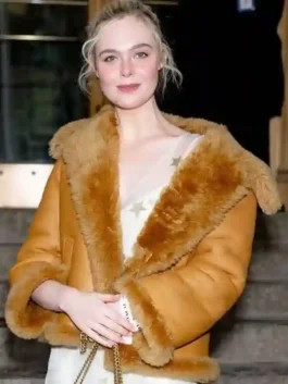 NYC 2026 Elle Fanning Brown Shearling Jacket front view showcasing the real leather and shearling collar.