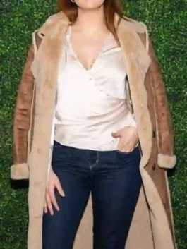 Bailee Madison Shearling Leather Coat front view showcasing the sturdy fasteners and professional tailored lines.
