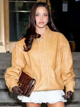 NYFW 2026 Emilia Mernes Brown Leather Jacket shown in a high quality finish that highlights the expert tailoring.