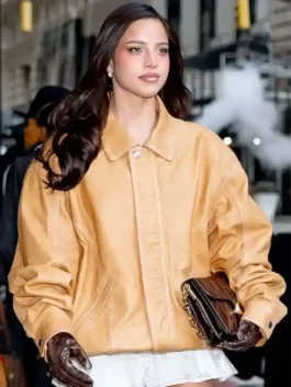 NYFW 2026 Emilia Mernes Brown Leather Jacket featuring a professional high density grain and a luxury tailored fit.