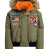 Olympic 2026 Team USA Green Bomber Jacket featuring a classic fit and team patches in a green color.