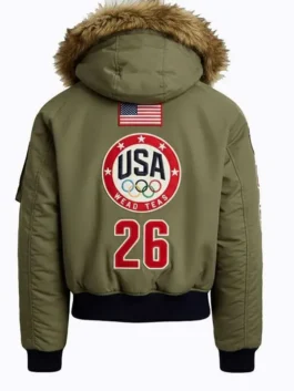 Olympic 2026 Team USA Green Bomber Jacket shown from the back to highlight the large graphics and clean stitching.