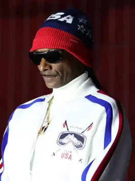 Olympics 2026 Snoop Dogg Track Jacket in a crisp white finish with professional grade high fashion aesthetic details.