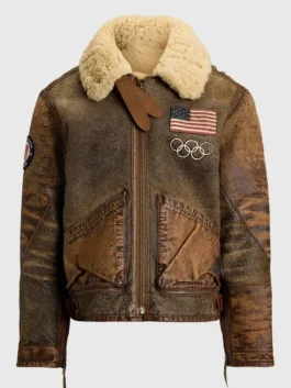 Front view of the Team USA Usher shearling leather jacket for sale, featuring the American flag and Olympic rings on distressed brown leather.