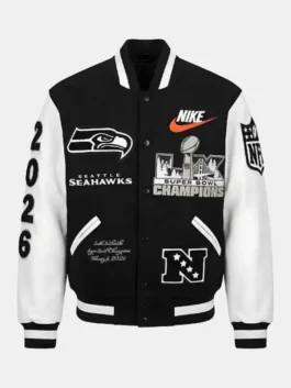 Seattle Seahawks Super Bowl Champs Destroyer Jacket front view showcasing the sturdy snap closure and premium ribbing.
