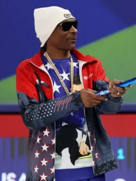Snoop Dogg Olympics 2026 Columbia Jacket worn by the artist during a high energy event at the games.