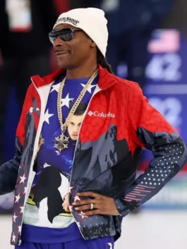 Snoop Dogg Olympics 2026 Columbia Jacket shown from the left side to display the logo and sleeve details.
