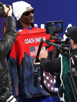 Snoop Dogg Olympics 2026 Columbia Jacket with a detailed stars and stripes pattern on the front.