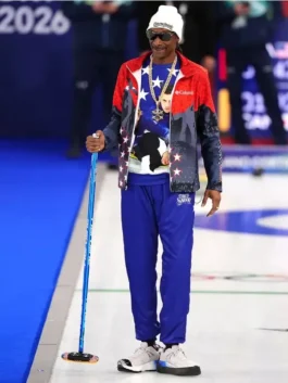 Snoop Dogg Olympics 2026 Columbia Jacket featuring a full view of the artist in his patriotic winter gear.