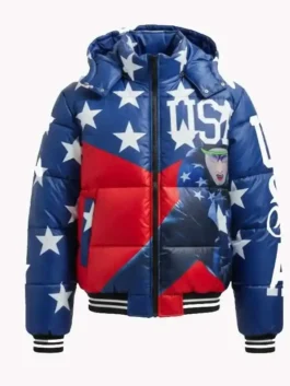 Olympics Snoop Dogg Speed Puffer Jacket front view showcasing the sturdy zipper and professional tailored lines.