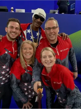 Snoop Dogg Olympics 2026 Columbia Jacket worn by a group to show the full collection of team apparel.