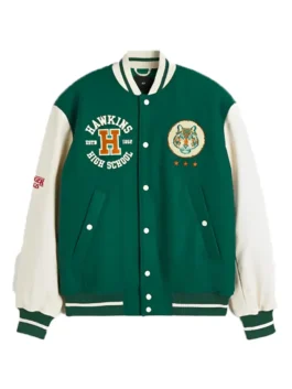 Stranger Things Baseball Jacket featuring a front view buttons and high quality wool fabric.