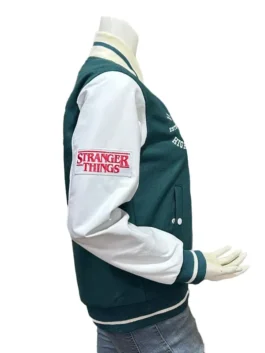 Stranger Things Baseball Jacket featuring a classic green and white varsity design with a professional tailored fit.