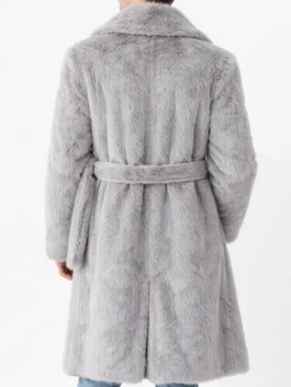 Super Bowl LX Bad Bunny Coat shown from the back to highlight the full length drape and thick texture.