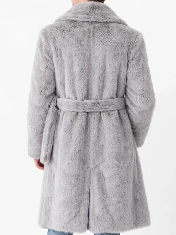 Super Bowl LX Bad Bunny Coat shown from the back to highlight the full length drape and thick texture.