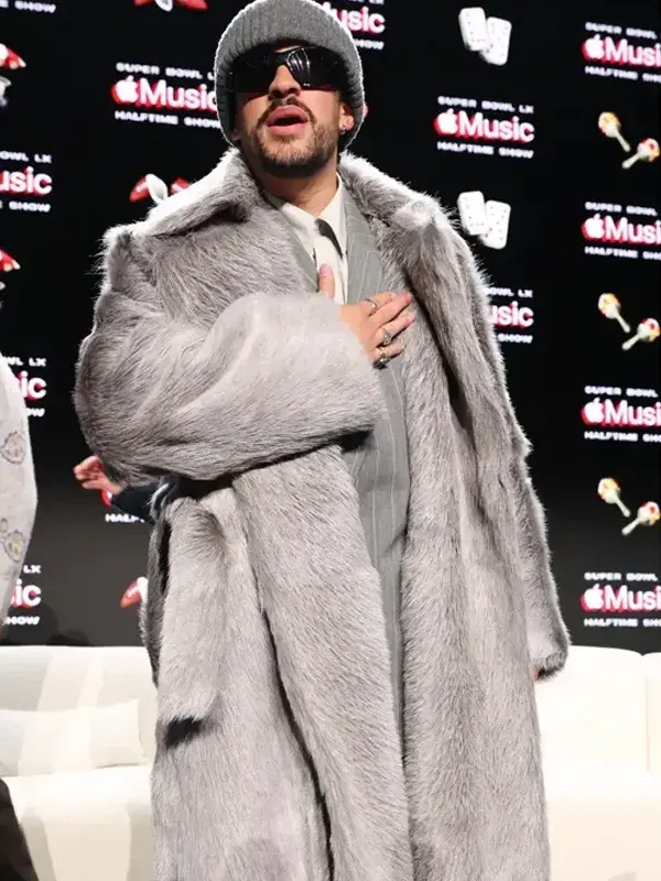 Super Bowl LX Bad Bunny Coat featuring a luxurious grey design and oversized fit for a bold celebrity look.