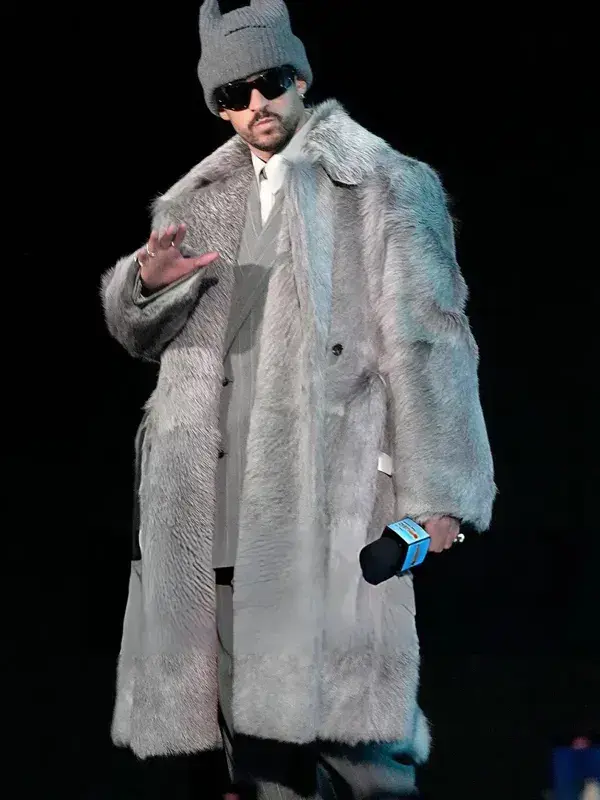 Super Bowl LX Bad Bunny Coat in a rich grey shade that perfectly matches modern winter fashion.