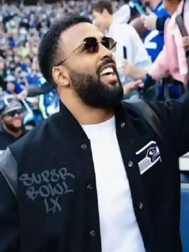 Super Bowl LX Julian Love Varsity Jacket in black with professional tailored lines and premium ribbing.