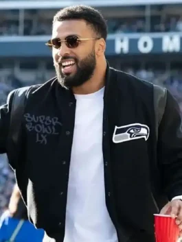 Super Bowl LX Julian Love Varsity Jacket featuring a professional front view with a sturdy snap closure.