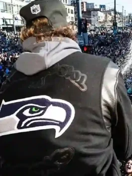 Super Bowl LX Julian Love Varsity Jacket back view featuring professional high density embroidery and luxury wool.