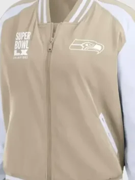 Super Bowl Seahawks Champions Bomber Jacket showcasing professional grade wool and white leather contrast.