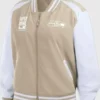 Super Bowl Seahawks Champions Bomber Jacket featuring professional beige wool and high quality white leather.