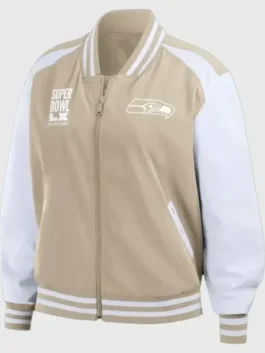 Super Bowl Seahawks Champions Bomber Jacket featuring professional beige wool and high quality white leather.