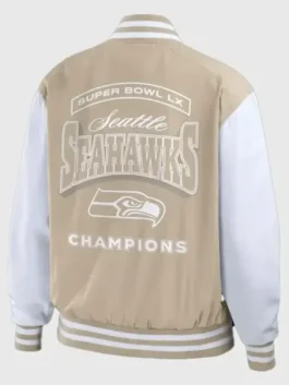 Super Bowl Seahawks Champions Bomber Jacket back view with professional beige wool and clean white leather lines.