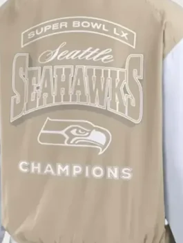 Super Bowl Seahawks Champions Bomber Jacket in beige wool with professional high density white leather sleeves.