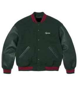 Supreme Cross Varsity Jacket featuring a professional front view with a sturdy snap closure and premium ribbing.