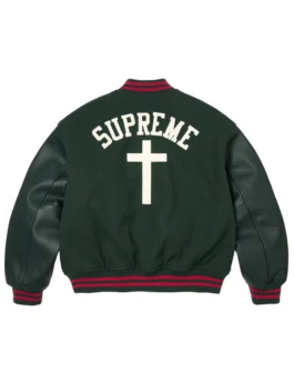 Supreme Cross Varsity Jacket back view featuring the professional high density logo and luxury wool panels.