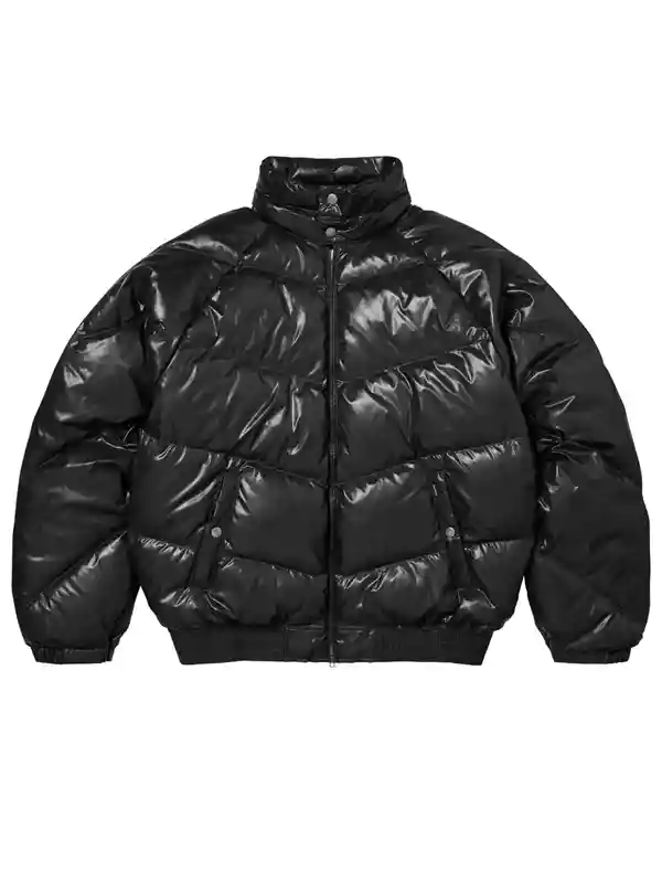 Supreme Schott Puffer Jacket front view with professional grade hardware and a sturdy weather resistant finish.