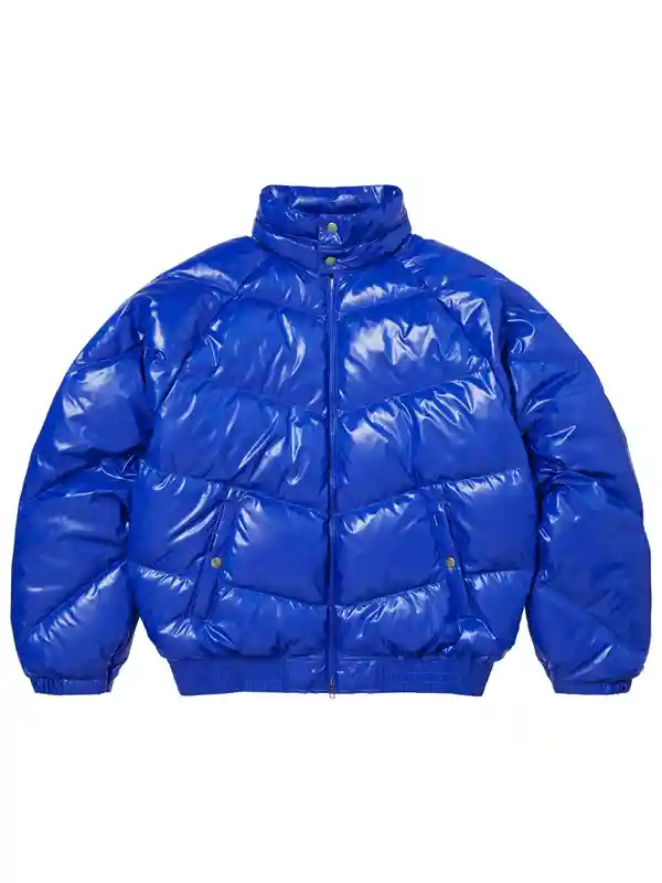 Supreme Schott Puffer Jacket blue edition showcasing professional high quality stitching and a luxury fit.