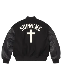 Supreme Cross Varsity Jacket back view in black with professional grade leather sleeves and a sturdy varsity finish.