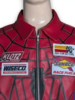 Supreme Vanson Spider-Man red jacket front chest close-up showing all four patches Klotz K&N Wiseco Sunoco Race Fuels with collar