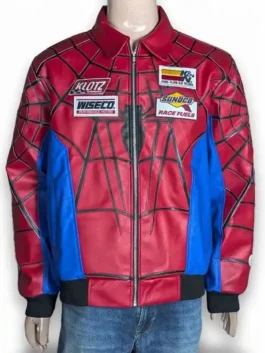 Supreme Vanson Spider-Man red blue leather jacket full front view showing all four racing patches blue panels and web stitching
