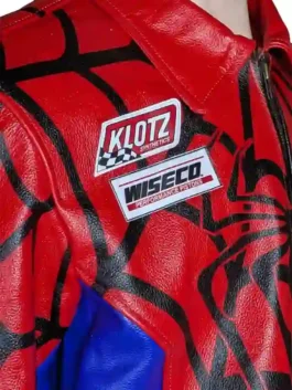 Supreme Vanson Spider-Man red leather jacket close-up showing Klotz Synthetics and Wiseco Performance Pistons patches on chest
