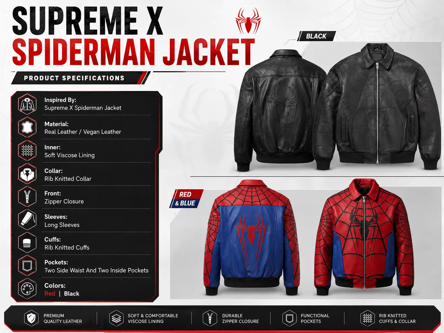 Infographic showing Supreme X Spiderman Jacket in red blue and black with leather details and specs