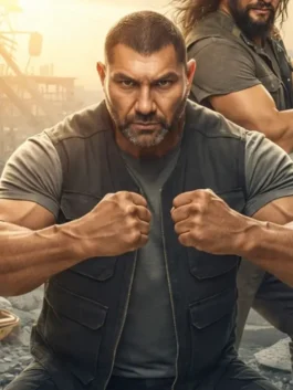 The Wrecking Crew Dave Bautista Black Vest worn by the actor to show the strong and muscular fit of the garment.