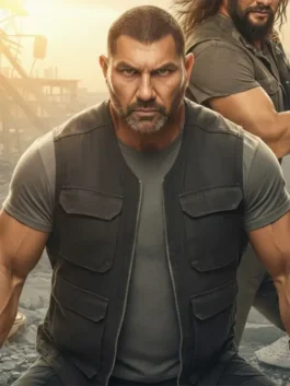 The Wrecking Crew Dave Bautista Black Vest used as a central part of a rugged and heroic movie costume.