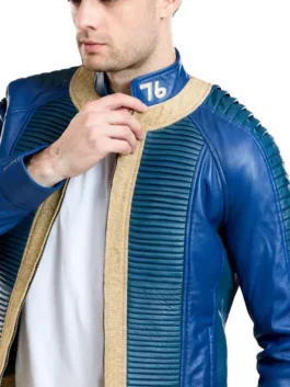Fallout Vault Dweller Blue Leather Jacket in a bright shade with yellow accents for a recognizable look.