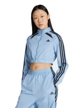 Womens Cropped Track Jacket front view featuring a sturdy zipper and premium blue fabric for an authoritative style.