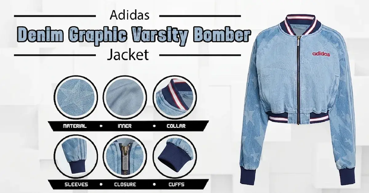 Light blue denim varsity bomber jacket featuring a star graphic print, striped ribbed collar, red embroidered chest logo, and full front zipper closure.